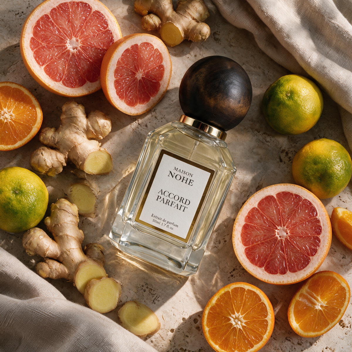 Accord Parfait, Maison Nohe, entouré de ses notes : pamplemousse, gingembre, bergamote, orange