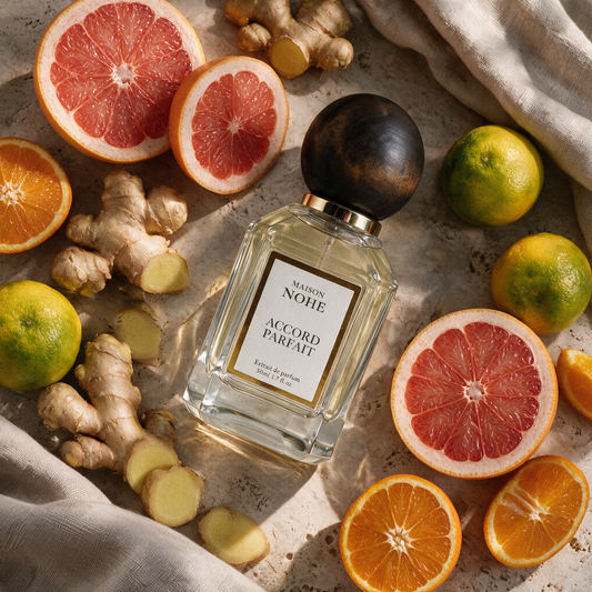 Accord Parfait, Maison Nohe, entouré de ses notes : pamplemousse, gingembre, bergamote, orange