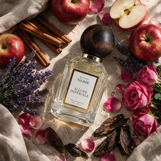 Allure Impériale, Maison Nohe, entouré de ses notes : pomme, cannelle, lavande, rose de Bulgarie, oud