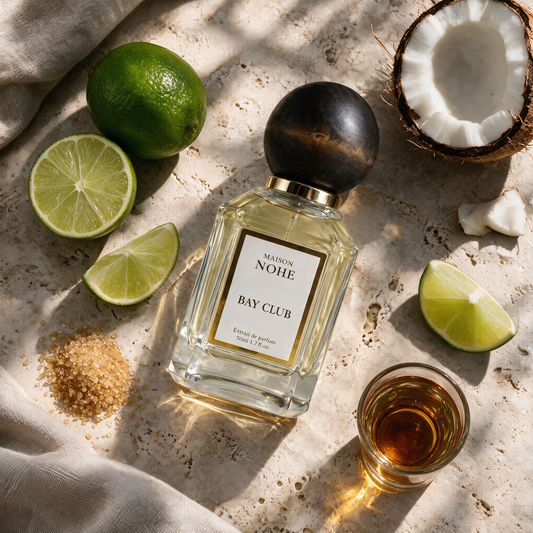 Bay Club, Maison Nohe, entouré de ses notes : citron vert, noix de coco, sucre de canne, rhum