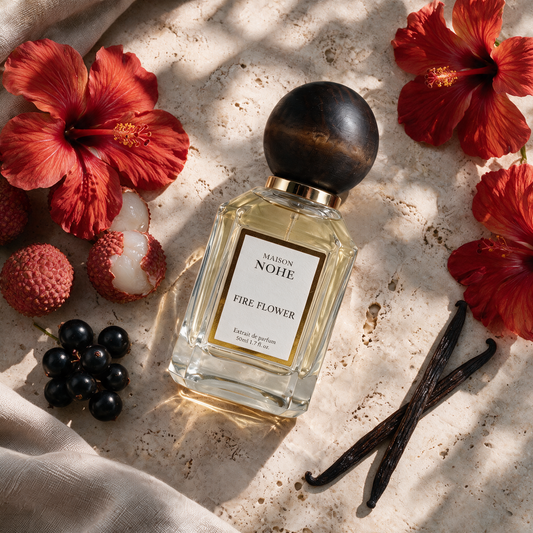Fire Flower, Maison Nohe, entouré de ses notes : hibiscus, litchi, cassis, vanille