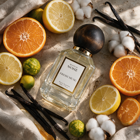 Fresh Musc, Maison Nohe, entouré de ses notes : orange, citron, bergamote, vanille, musc blanc