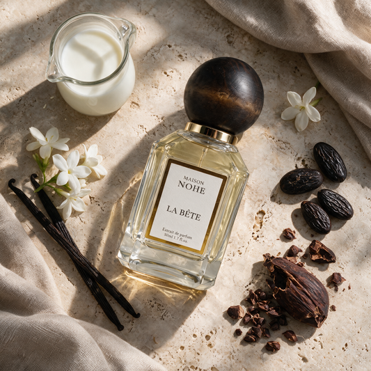 La Bête, Maison Nohe, entouré de ses notes : lait, jasmin, vanille, fève tonka, cacao
