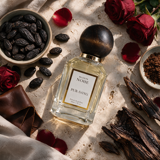 Pur-Sang, Maison Nohe, entouré de ses notes : fève tonka, rose, oud, cuir, sucre brun