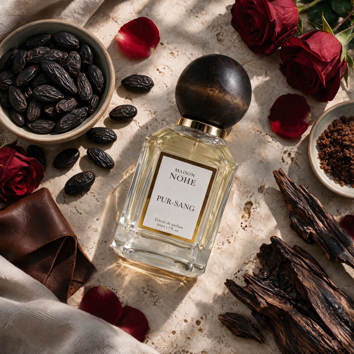 Pur-Sang, Maison Nohe, entouré de ses notes : fève tonka, rose, oud, cuir, sucre brun