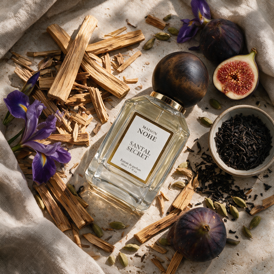Santal Secret, Maison Nohe, entouré de ses notes : bois de santal, figue, iris, thé noir, cardamome