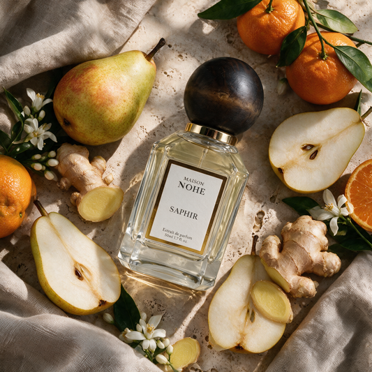 Saphir, Maison Nohe, entouré de ses notes : poire, gingembre, mandarine, fleur d'oranger