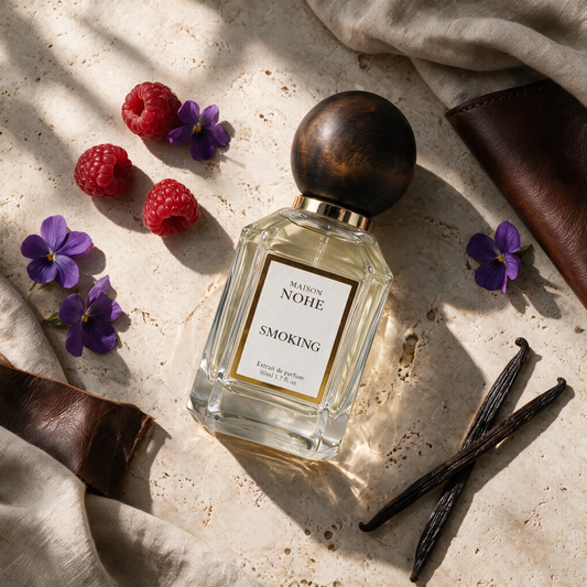 Smoking, Maison Nohe, entouré de ses notes : framboise, violette, cuir, vanille