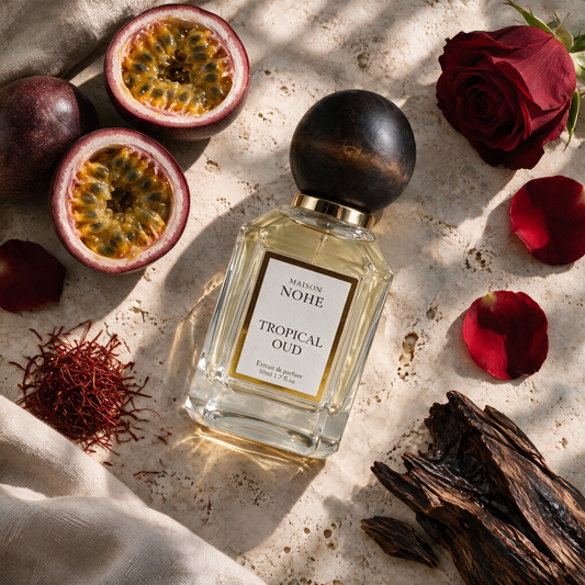 Tropical Oud, Maison Nohe, entouré de ses notes : fruit de la passion, rose, safran, bois d'oud
