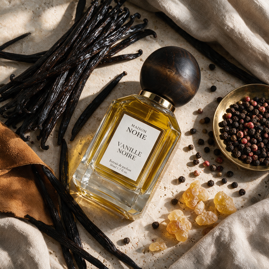 Vanille Noire, Maison Nohe, entouré de ses notes : vanille, daim, poivre noir, poivre rose, oliban